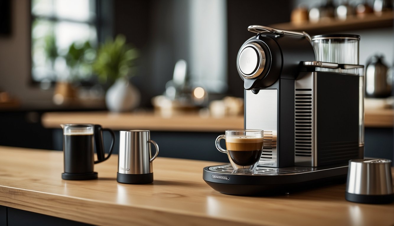 A Nespresso CitiZ 220V coffee machine sits on a kitchen counter, with a capsule inserted and ready to brew espresso