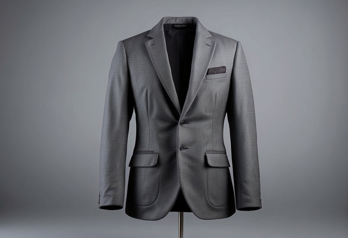 A sleek, tailored blazer in a rich wool fabric, with clean lines and a structured silhouette