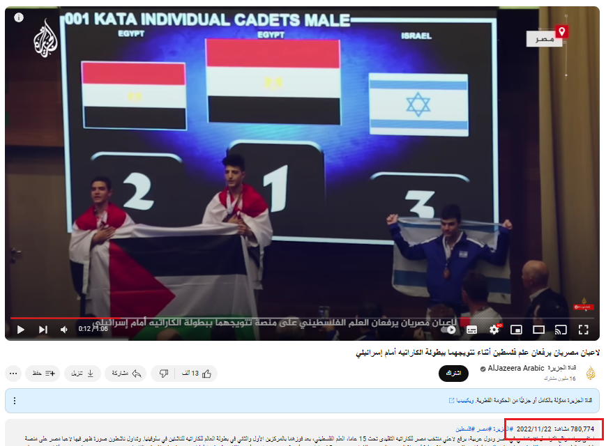 لاعبان مصريان يرفعان العلم الفلسطيني في بطولة العالم للكراتيه/ سلوفينيا 2022