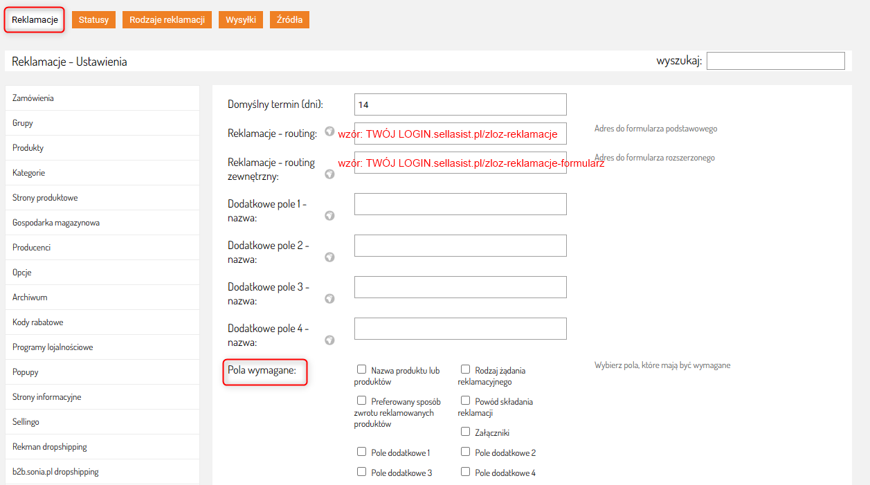 Personalizowane pola formularza modułu RMA w Sellasist.