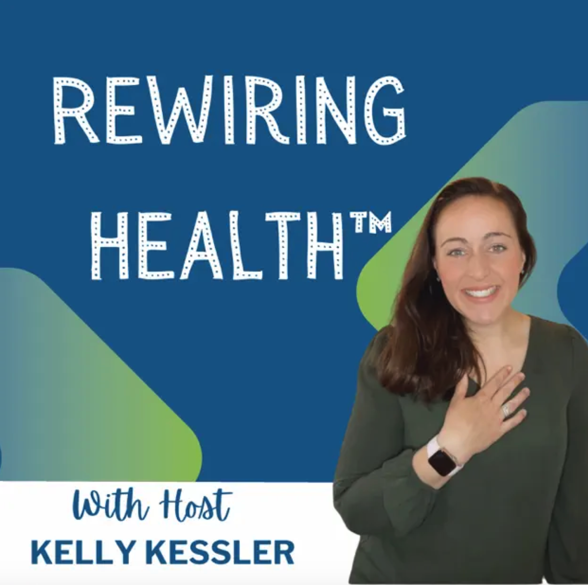 Photo of Kelly Kessler branding Rewiring Health podcast.  health, podcast, female owner, business owner, mindfulness, body love, body neutrality. 