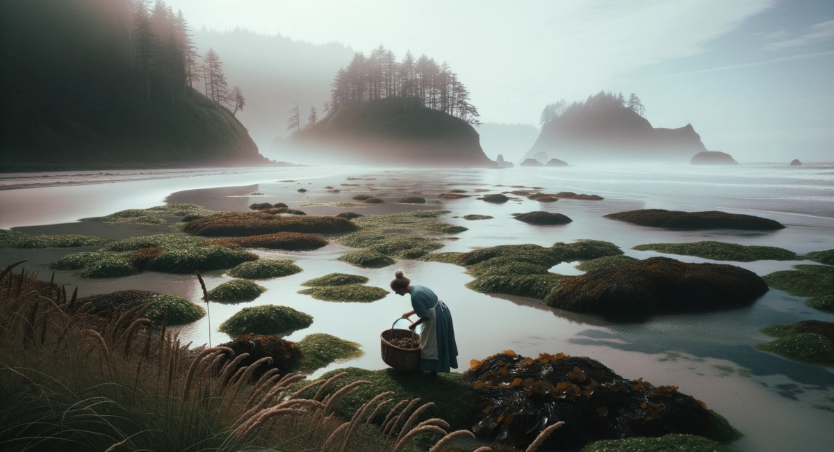 Photo of a serene Oregon coastline during a misty morning. A woman with a basket is foraging by the shoreline, collecting seaweeds and examining tidal pools. The vast ocean is in the background with waves crashing gently, and the silhouette of coastal trees looms in the distance.