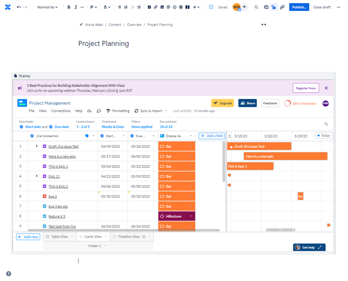 confluence page with embedded gantt chart from visor
