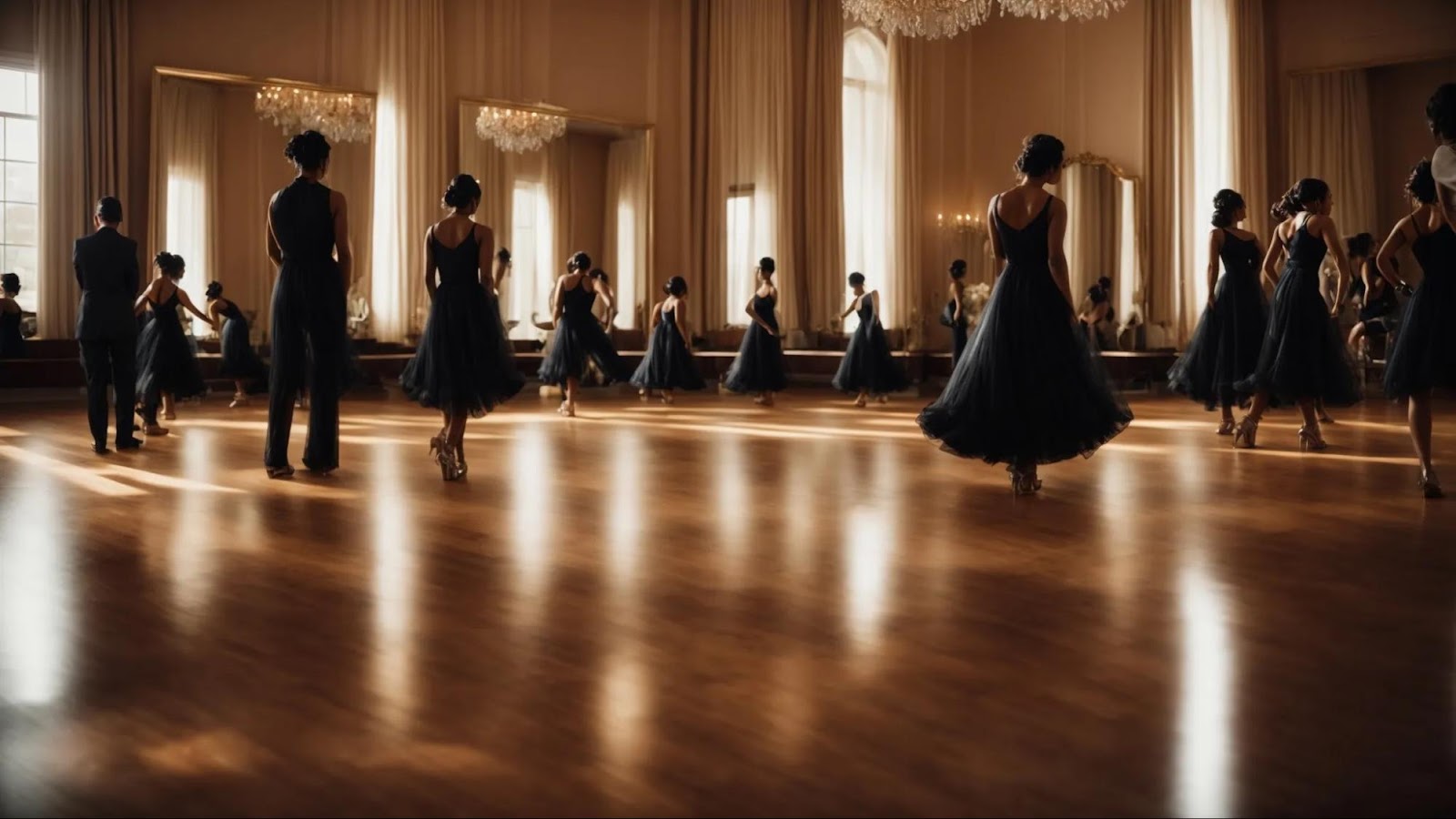 a spacious, gleaming ballroom filled with mirrors reflects the silhouettes of eager dancers positioned attentively on a polished wooden floor.