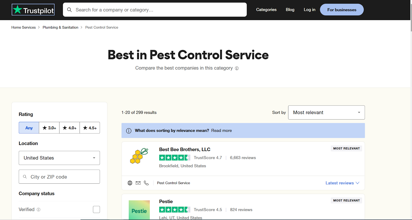 Business directory for pest control service