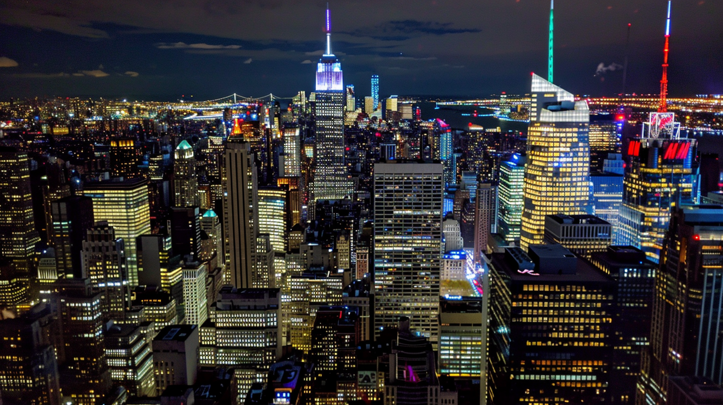 Aerial view of New York City skyline at night, with illuminated skyscrapers and city lights shining brightly