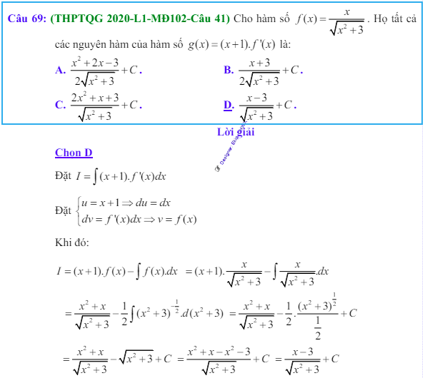 Công thức Nguyên hàm và bài tập từ đề thi có giải chi tiết