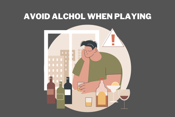 一人で酒を飲む男性が、警告サインを持った数種類の酒に直面している