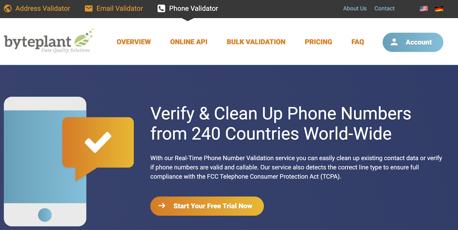 home page of the phone-validator phone validation service