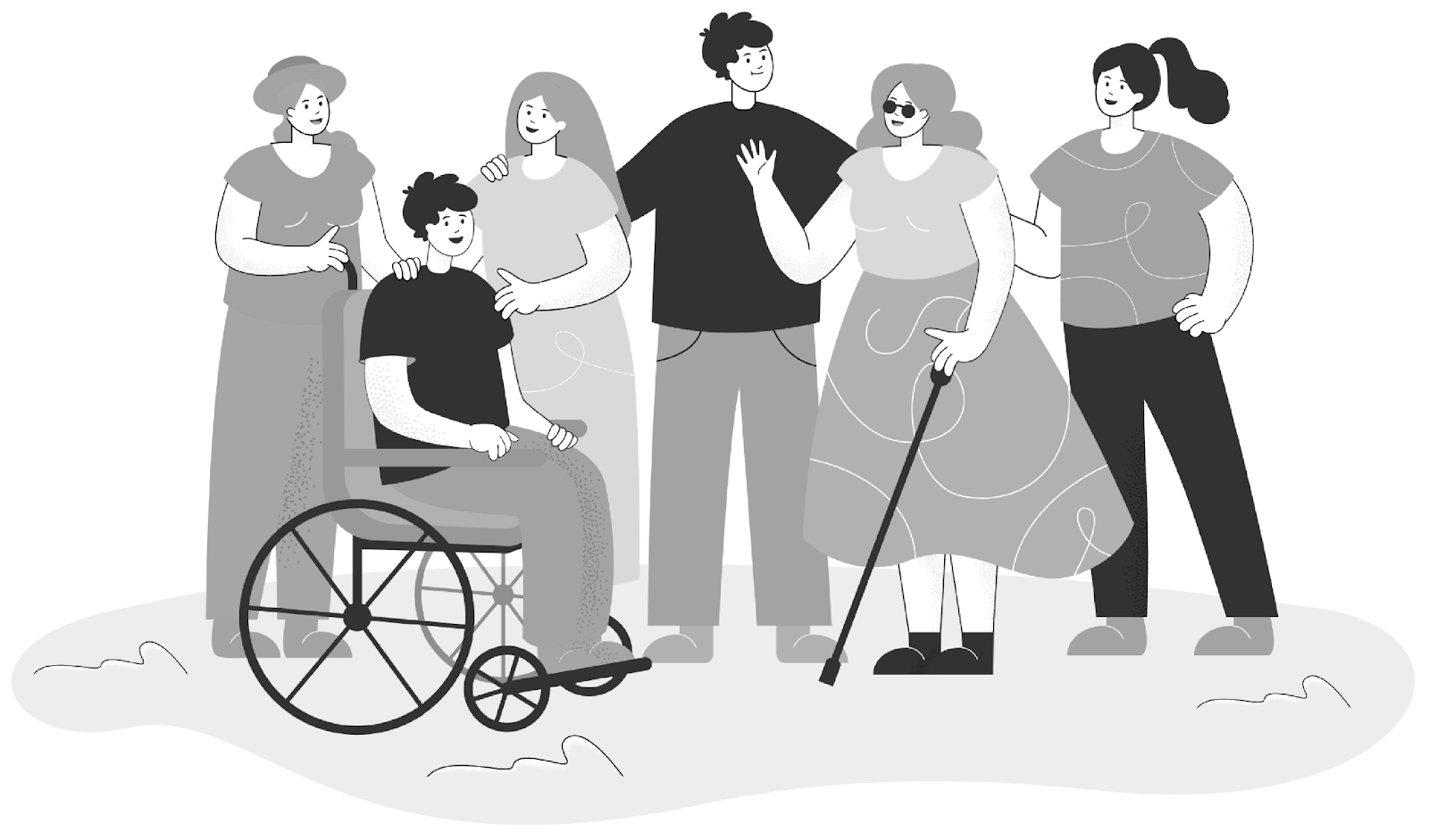 Image by pch.vector on Freepik https://www.freepik.com/free-vector/men-women-welcoming-people-with-disabilities-group-people-meeting-blind-female-character-male-wheelchair_16375447.htm