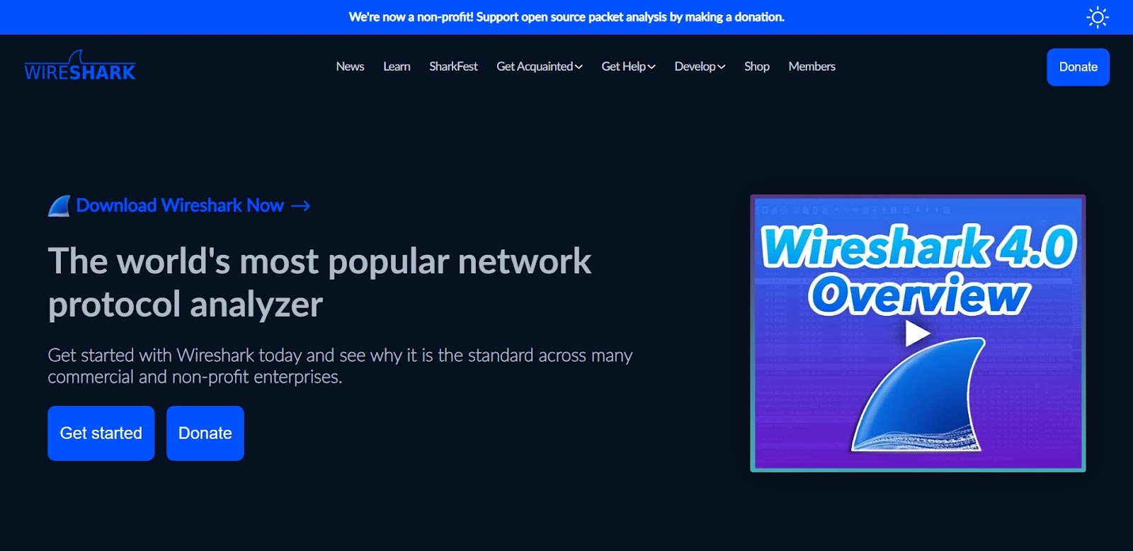 A screenshot of Wireshark's website