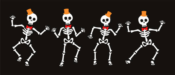 4 Skeleton cartoons dancing with hats on their heads