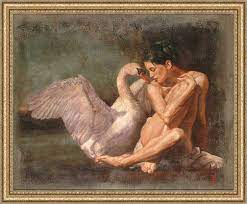 It is a painting of a naked woman crunched in the the fetal position while a swan come to comfort her. 