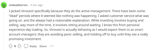 A Reddit post from a happy Vinovest investor who likes that the company doesn’t panic sell or make hasty purchases. 