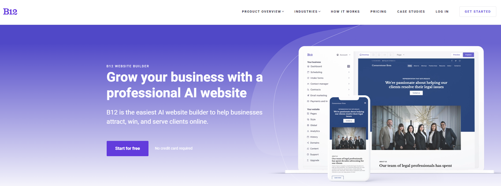 The homepage for B12's AI website builder.