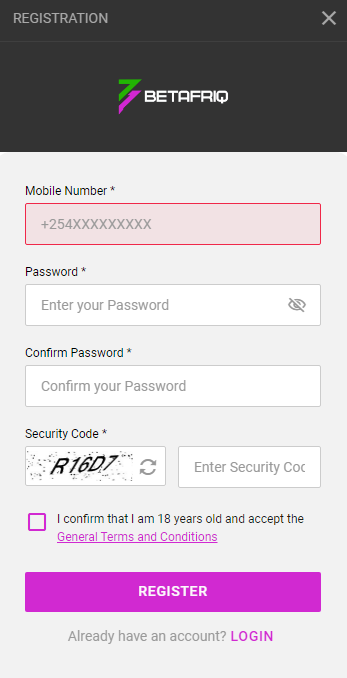 BetAfriq registration form