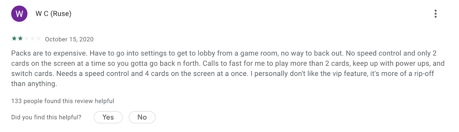 A two-star Bingo Smash review from a person who felt the in-app purchase options were too pricey. 