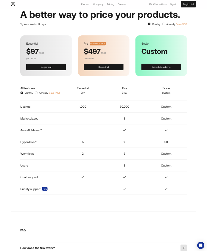 screenshot showing Aura's pricing page and table that clearly breaks down the differences between plans