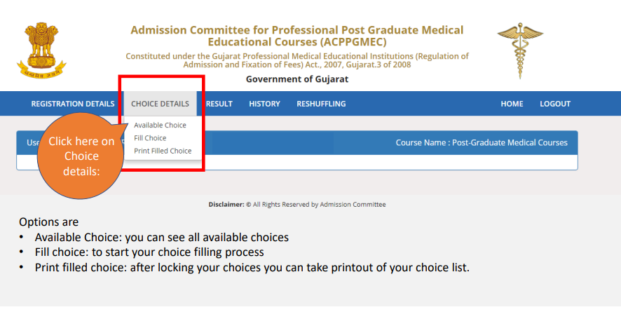Step 3 of Choice Filling of Gujarat NEET Counseling for MBBS/MS/MD Admissions in Gujarat