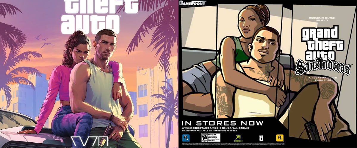 The comparison of promotional art from GTA 6 and GTA San Andreas, both of which feature a couple looking ahead.