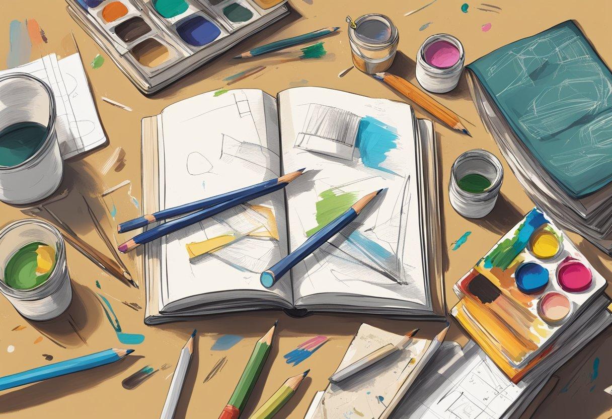 A drawing book and pencils on a table

Description automatically generated