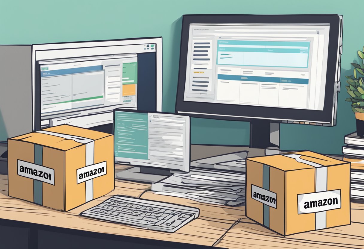 Is Amazon FBA Worth It? an AI generated image depicting amazon boxes on a table with a computer.