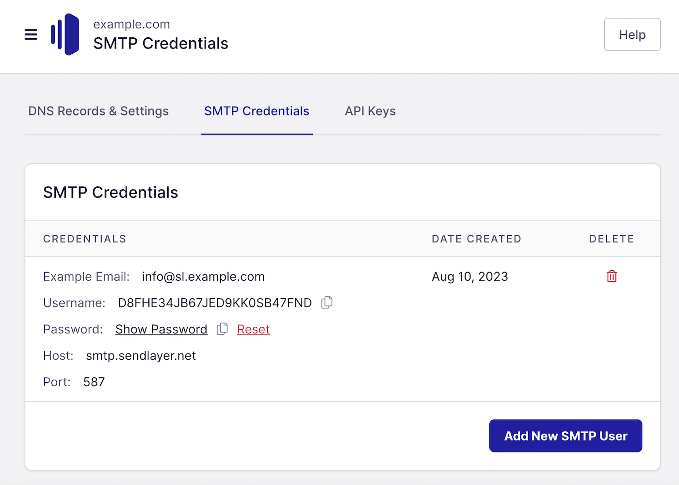 SendLayer SMTP credentials