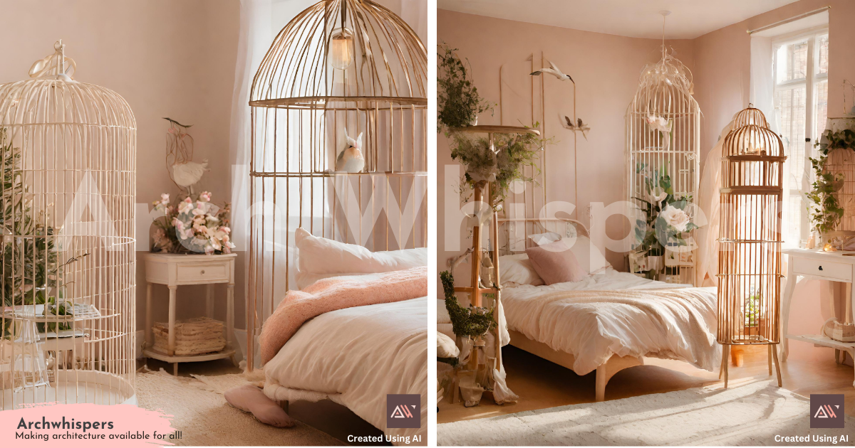 Cozy Bedroom With Full-Height Birdcages Around the Bed
