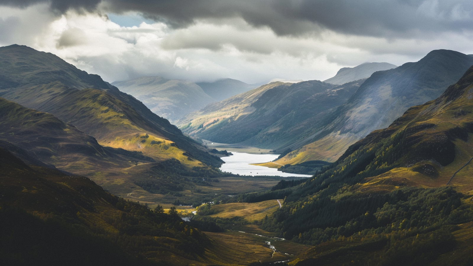 A panoramic view of the Scottish Highlands in Scotland