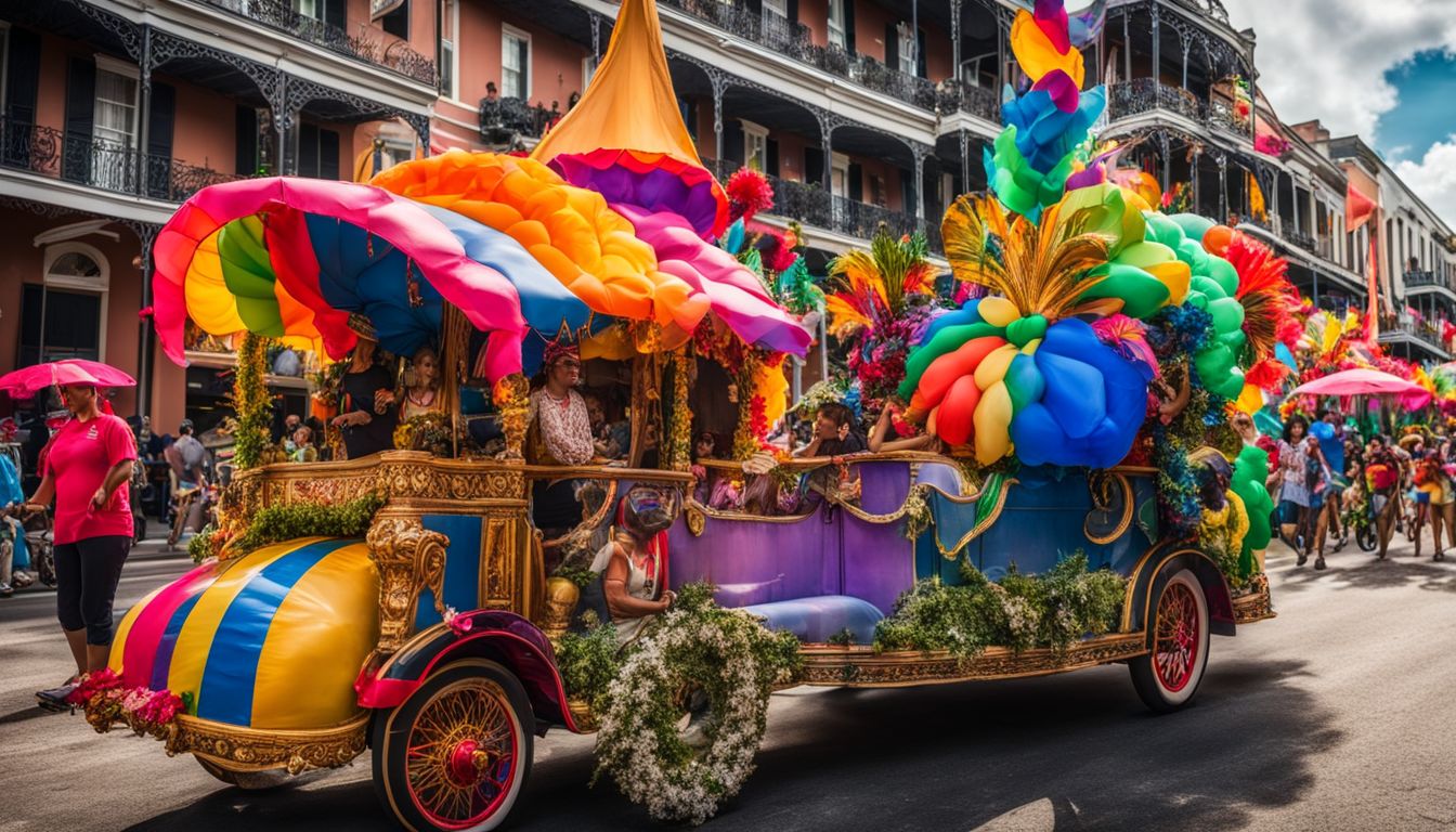 Vibrant parade floats in lively New Orleans street during celebration.