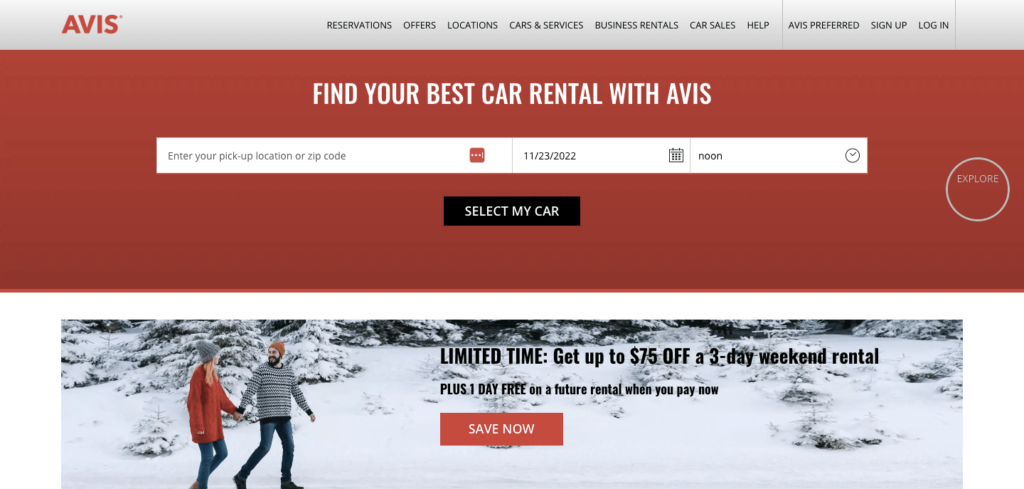Avis Car Rental home page