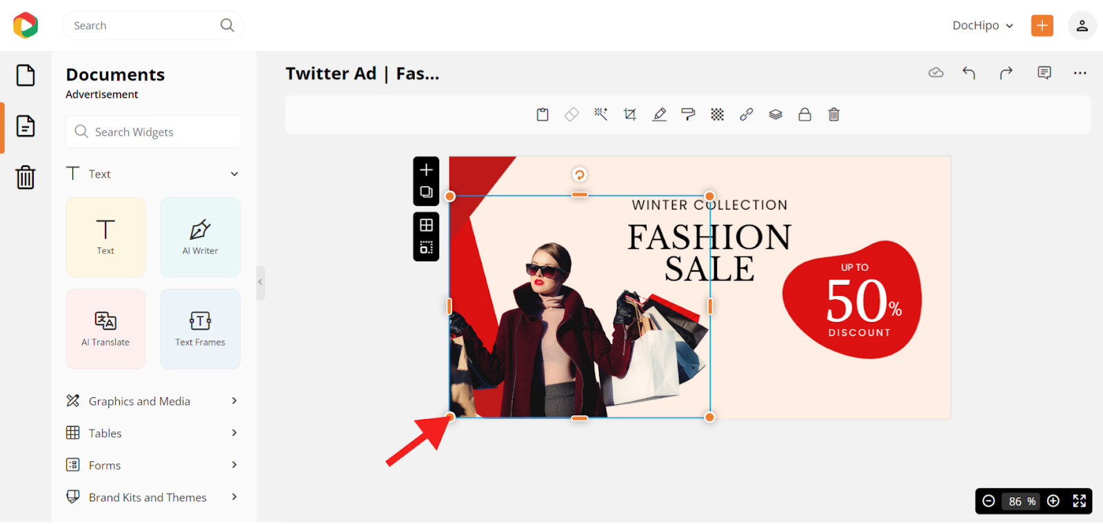 Customizing X/twitter ad size of the template in DocHipo