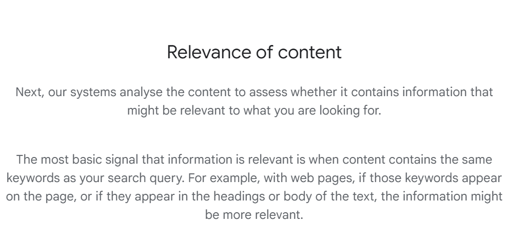 Screenshot of the Google guideline on relevance of content for ranking.