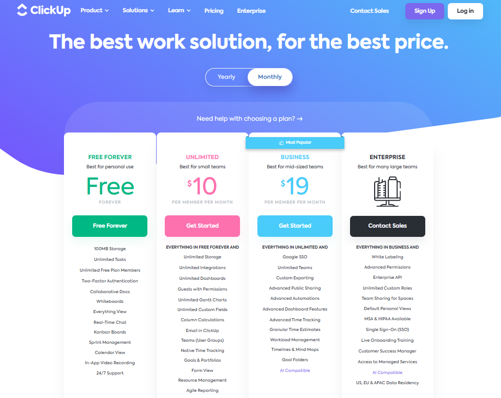 Pricing Plans for ClickUp