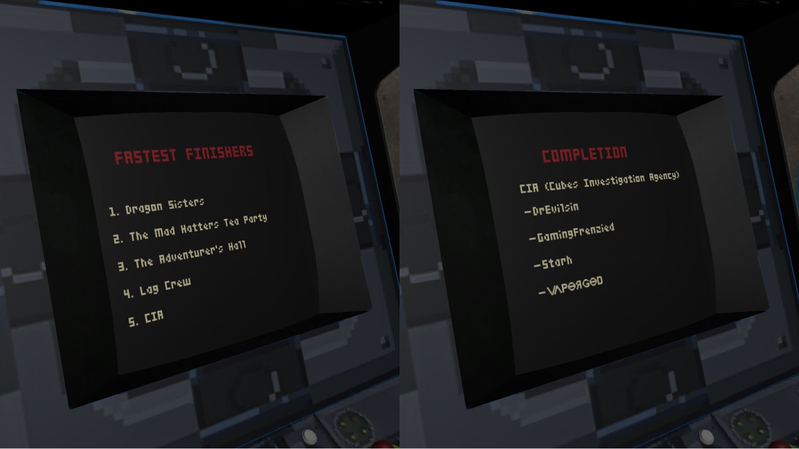 two captures from a different VRChat world showing records for completion of the world called CUBES. The first image shows fastest finishers from top to bottom as Dragon Sisters, Mad Hatters Tea Party, The Adventurer's Hall, Lag Crew, CIA (Cubes Intelligence Agency) and the second image shows members of the CIA, which are DrEvilSin, GamingFrenzied, Starh, and varporgod in stylized font