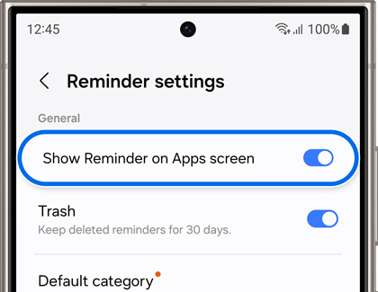 Show Reminder on Apps screen highlighted and switched on
