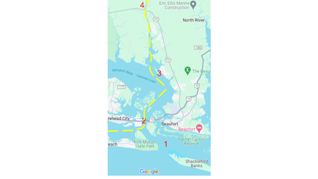 A map of Beaufort NC, the barrier islands, and the estuary.  Dots indicate where tidal stations are located.