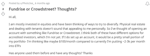 Another person on Reddit asking for reviews on Fundrise vs CrowdStreet. 