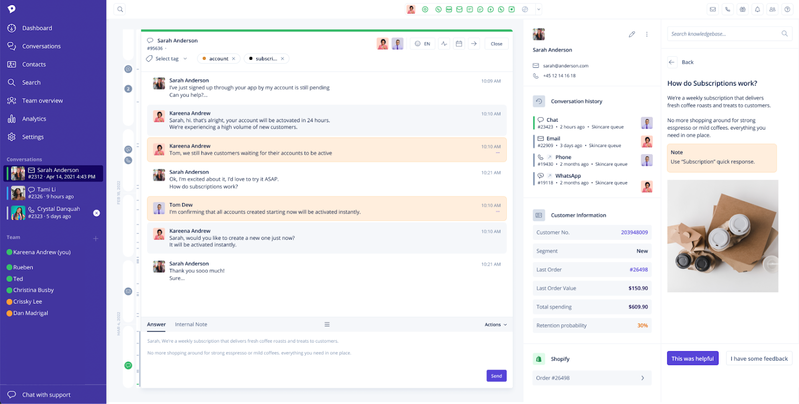 Screenshot of the Dixa customer service platform, recognized as a HappyFox alternative. The interface features a navigation bar on the left with options like Dashboard, Conversations, and Analytics. The center section shows an ongoing conversation with a customer named Sarah Anderson, who is inquiring about her account status and subscription details. The right side of the screen provides a comprehensive view of Sarah's profile, including contact information, conversation history across multiple channels like chat and email, and a knowledge base article on how subscriptions work. Additionally, there's customer information detailing order history and spending, indicative of Dixa's integrated approach to customer engagement.