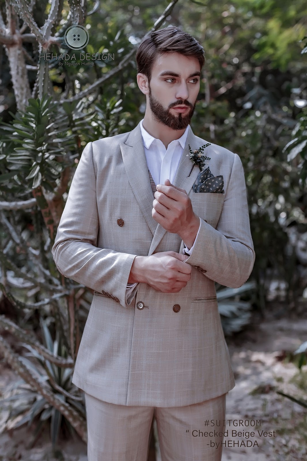 Vest Checked Beige cho chú rể