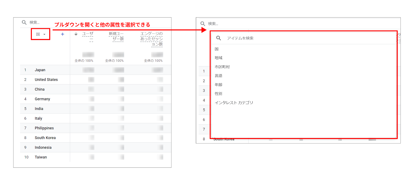 ユーザー属性のプルダウンを開くと他のユーザー属性を選択できることを示す画像