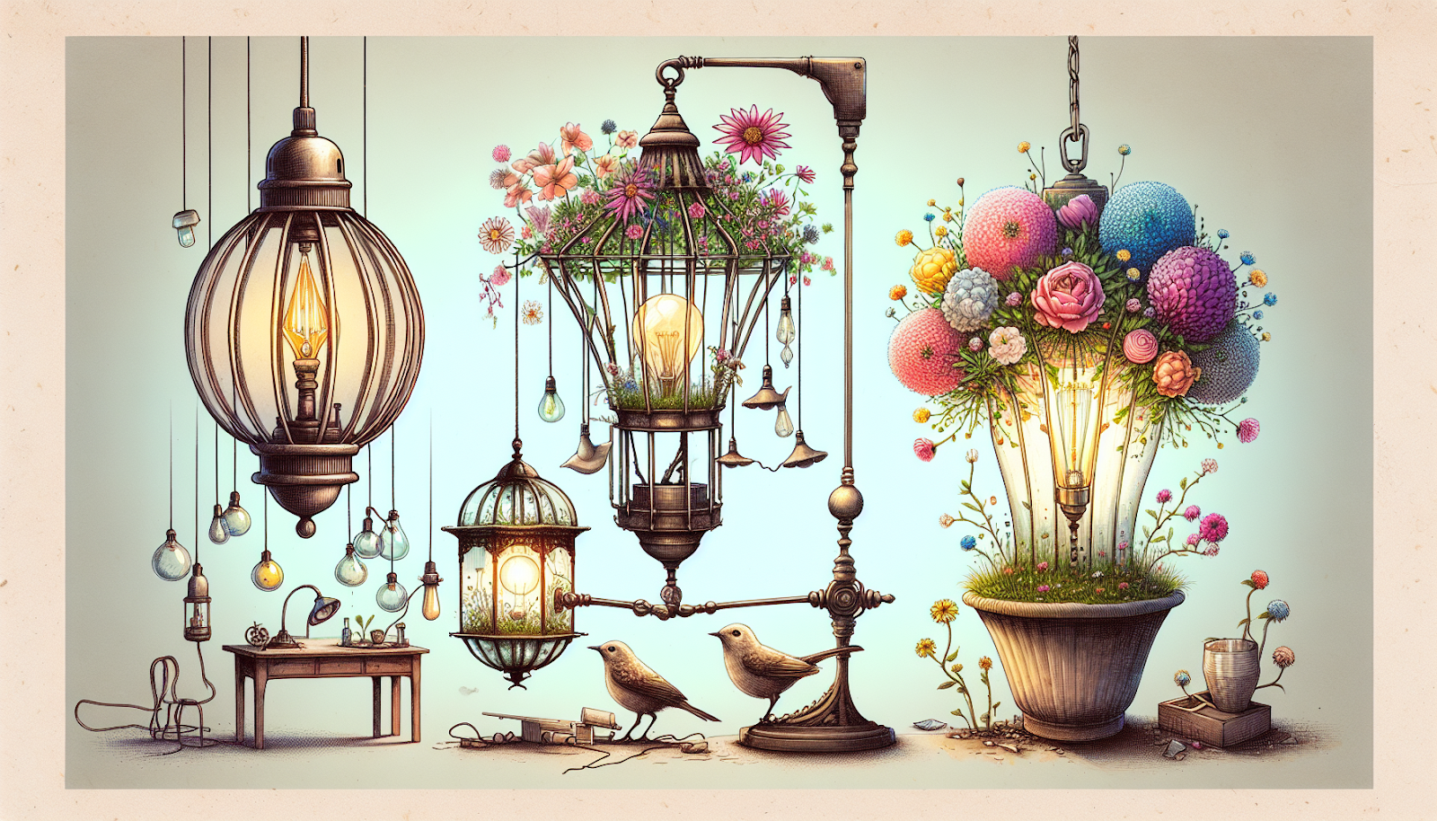 Illustration of repurposed old light fixtures in creative DIY projects