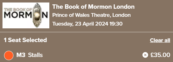 Tickets for The Book of Mormon in London for Tuesday 23rd April at 19:30. Seats Stalls M3 priced at £35
