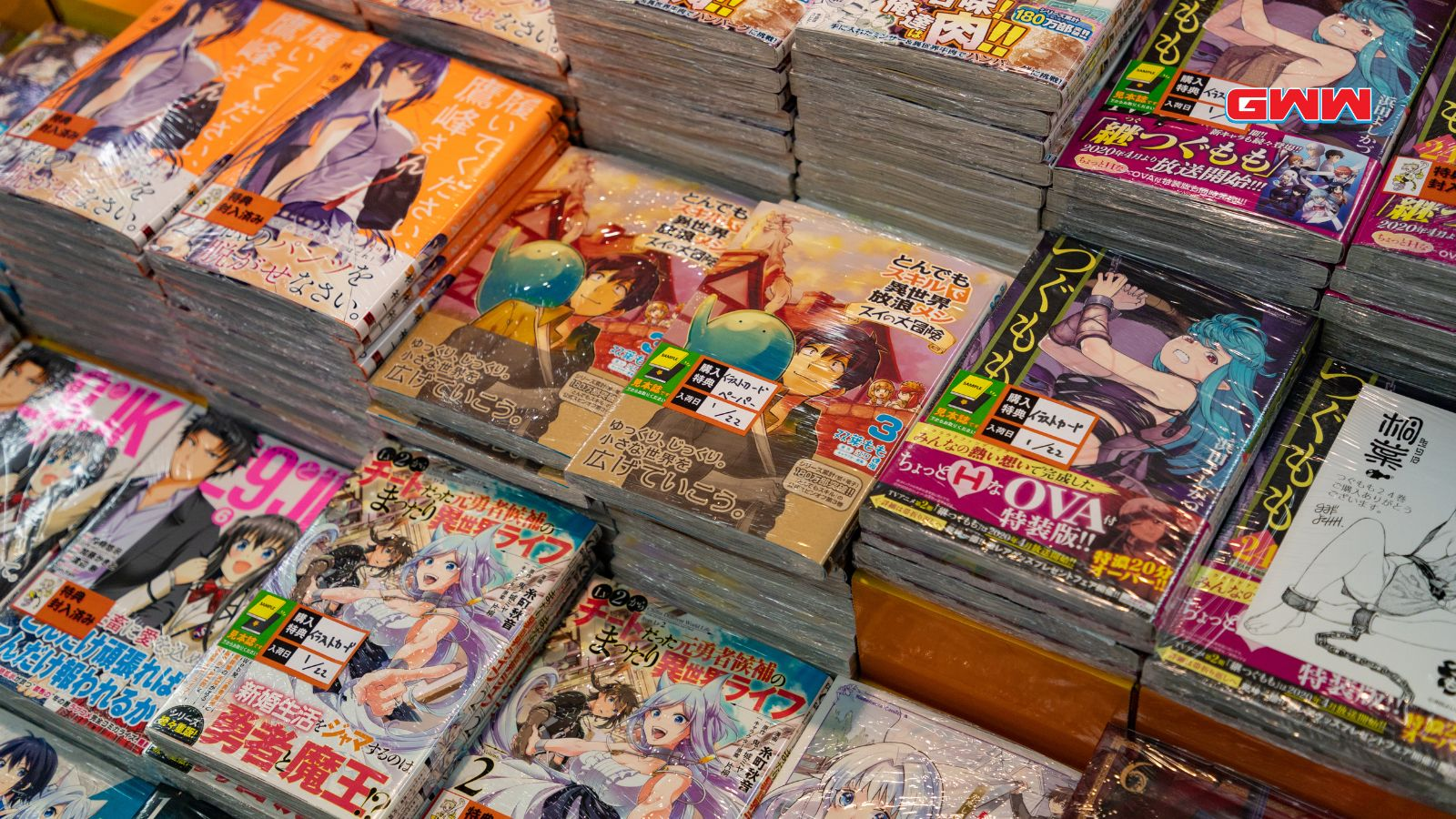 Stacks of manga comics for free browsing