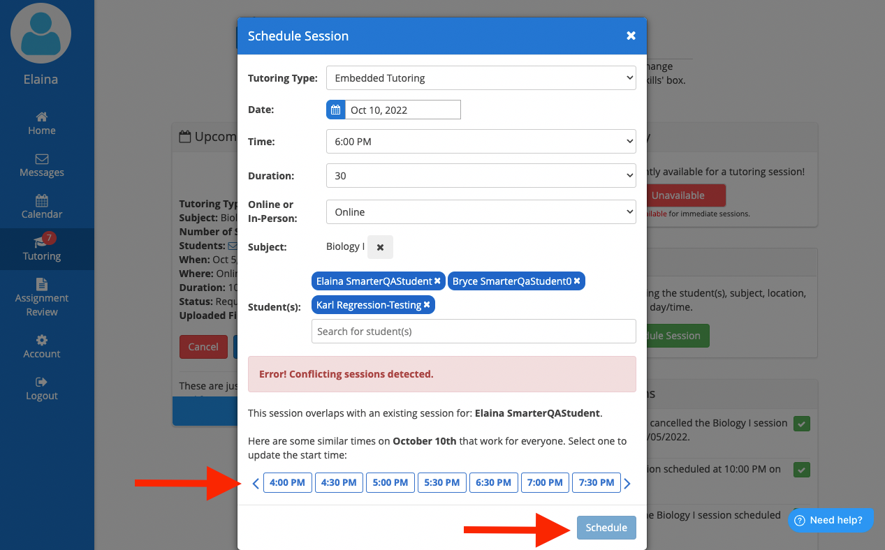 Tutoring modal that shows how Upswing's platform allows tutors to identify when there are conflicting sessions with students who they are scheduling with.