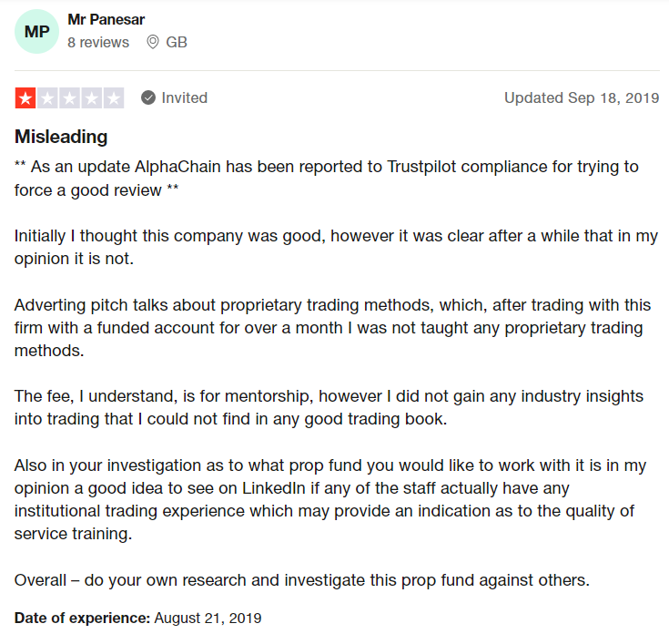 Alphachain complaint on Trustpilot