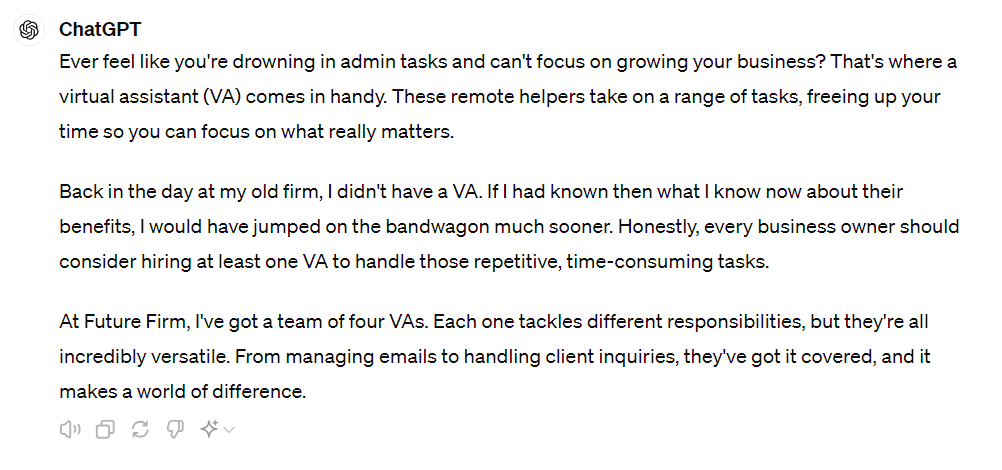 ChatGPT output from blog prompt