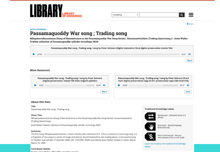 Screenshot of the Library of Congress Online Catalog showing the updated entry for “Passamaquoddy War Song; Trading song” after the Labels were added.