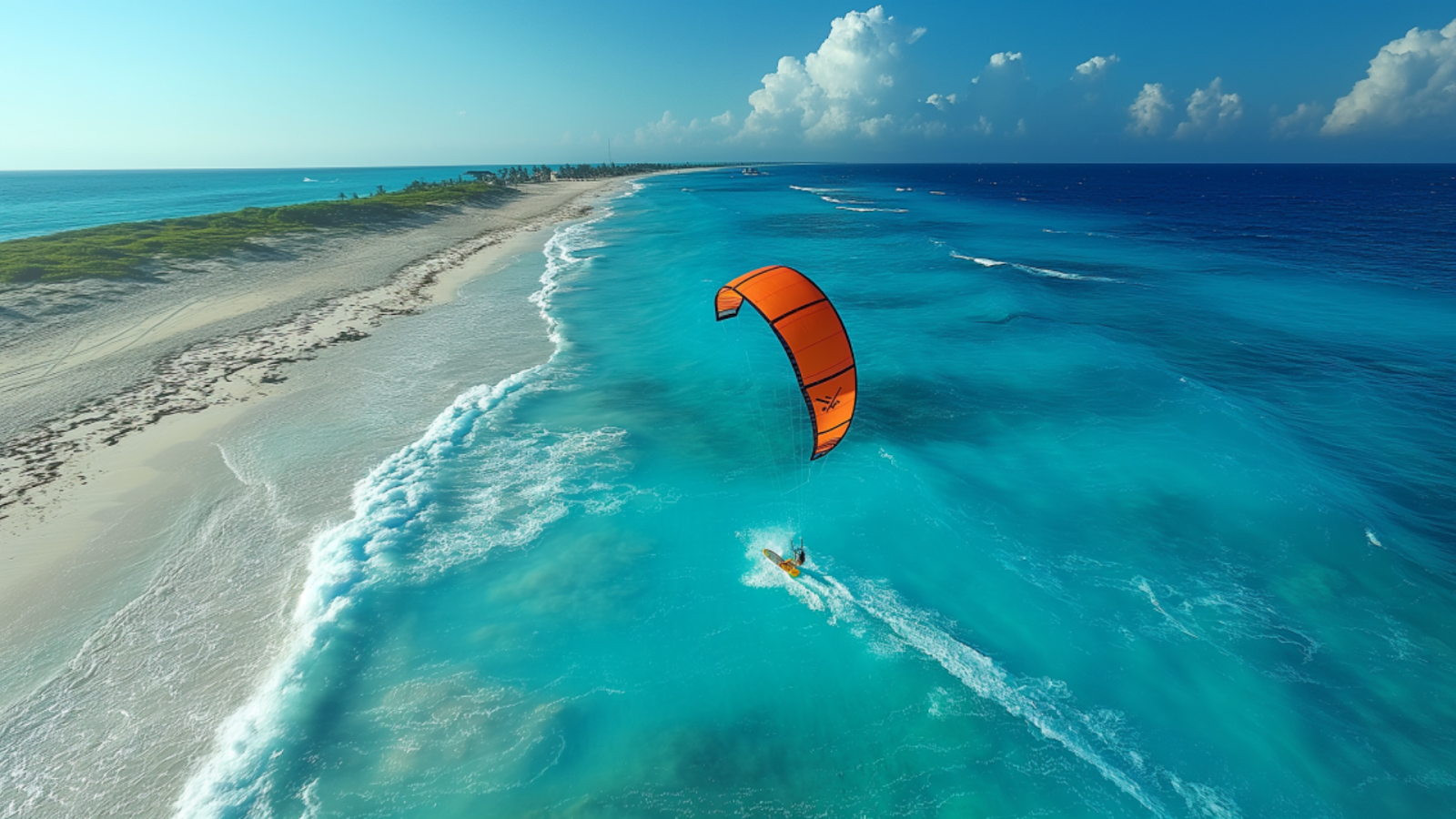 An adventurer kite surfing on the breezy waters of the Caribbean Sea near Playa del Carmen.