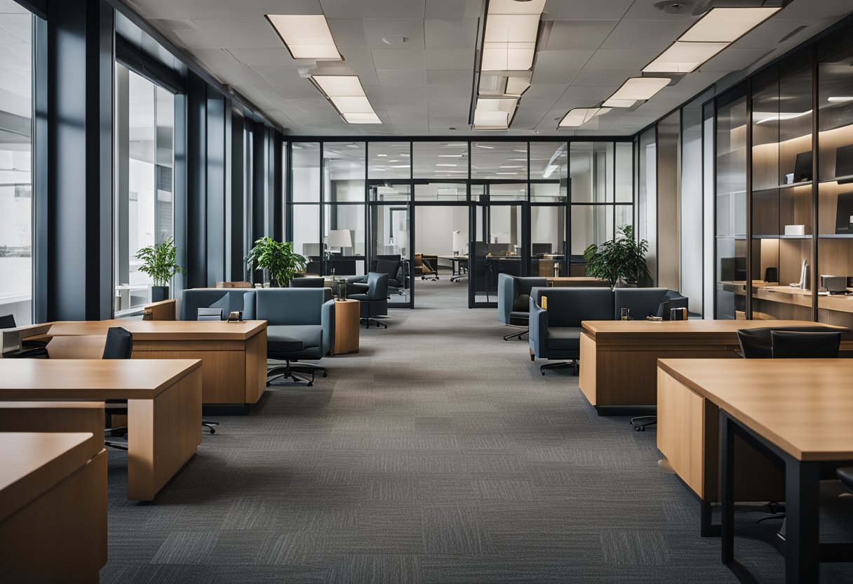 A bustling law office in Wisconsin, with modern technology and sleek furnishings. Lawyers collaborate in open workspaces, while clients confer in private meeting rooms